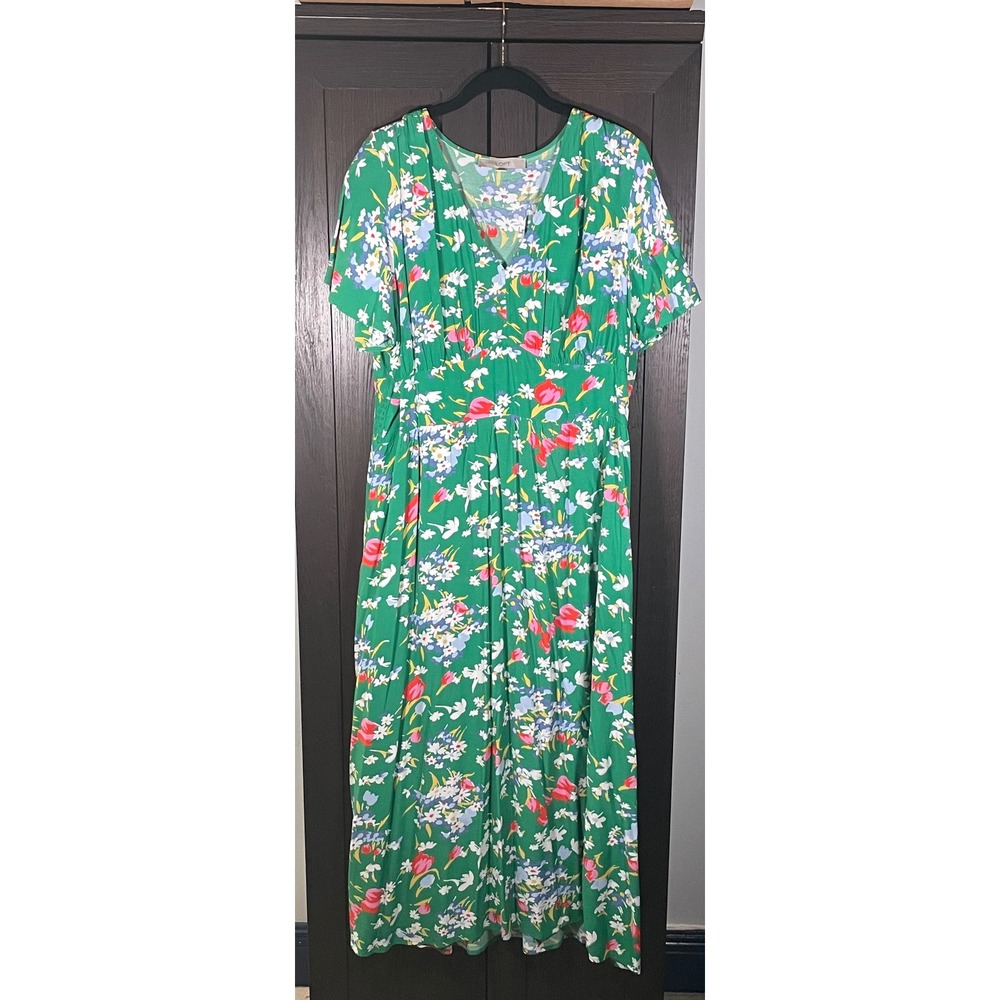 Loft Green Floral V-Neck Maxi Dress Short Sleeve Empire Waist Size 14